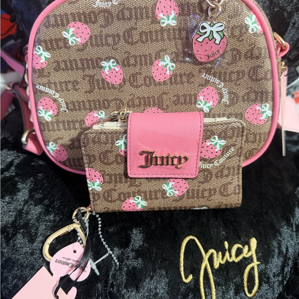 Juicy Couture Strawberry Print Brown and Pink Backpack Set